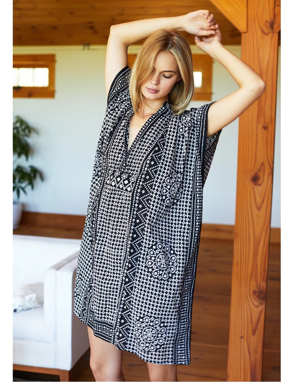 Emerson Fry India Collection Cotton Geometric V-Neck Women's Caftan Dress